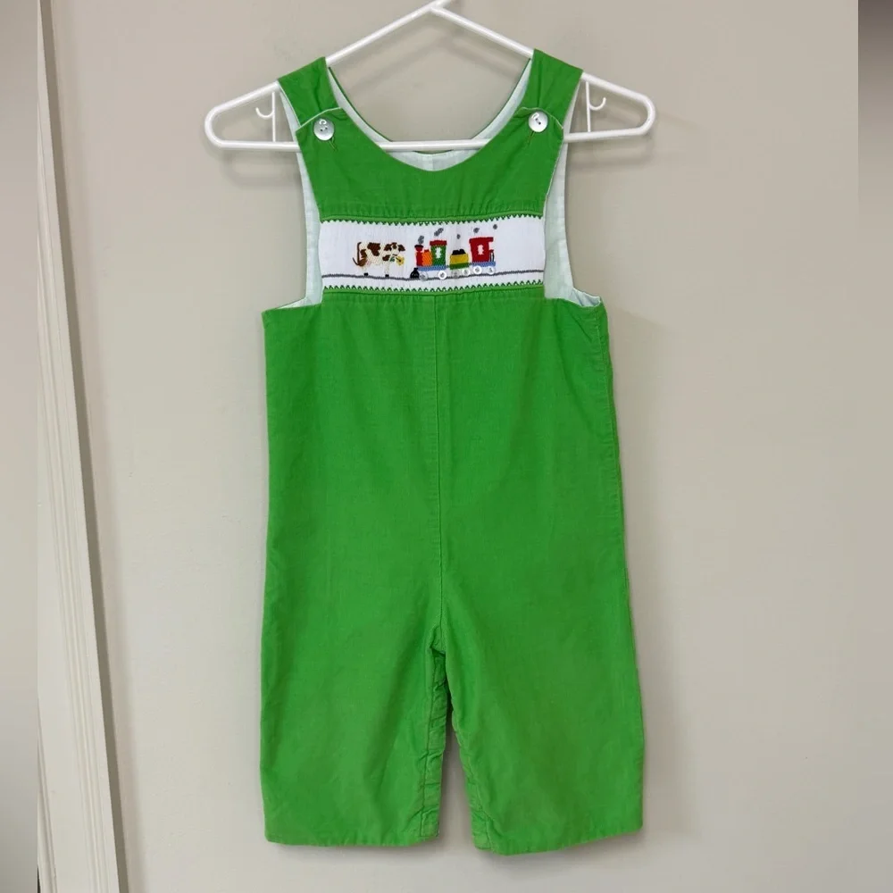 Anvy Kids: Boys Smocked Green Jon Jon, Cows and Train, Size 4T